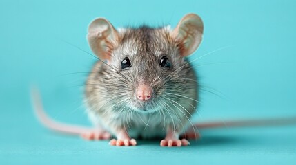   A high-focus photo of a mouse on a blue backdrop with a slightly out-of-focus depiction of its facial features