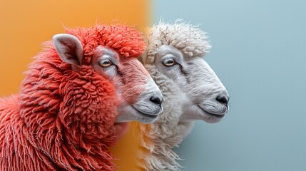 Naklejka premium A pair of sheep stand beside each other against a yellow-orange backdrop, framed by a blue sky above