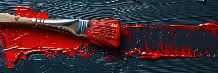 Paint Brush. Red Paint Dripping on Painting Tool in Studio, Copy Space