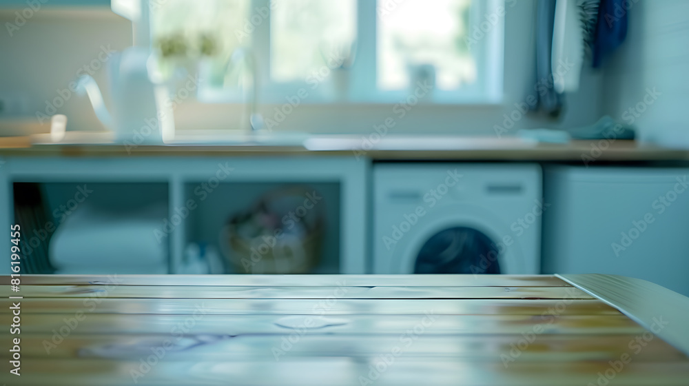 Poster Background for design with empty table on blur laundry room : Generative AI