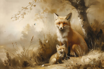 Vintage Fox with Pups: Muted Oil Painting