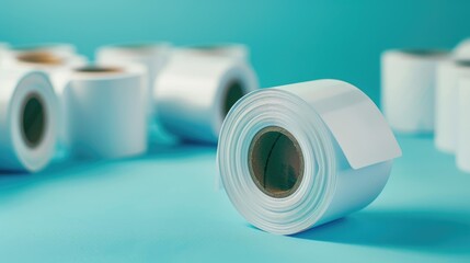 White Labels. Self-Adhesive Stickers on Blue Background for Manufacturing and Advertising