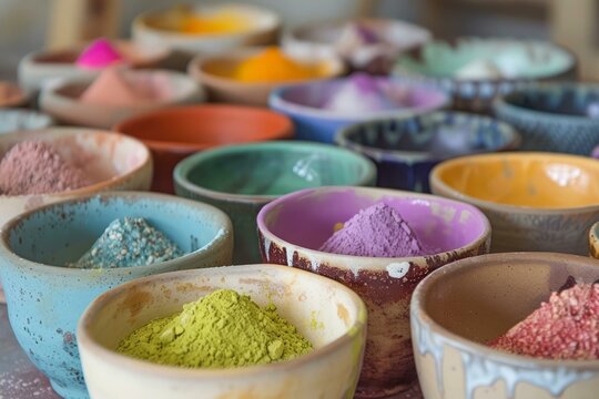 Various colorful powder pigments displayed in ceramic bowls, showcasing a spectrum of hues - Powered by Adobe