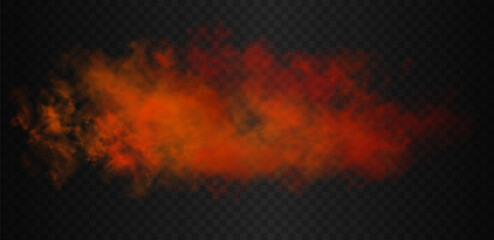 Orange and red vibrant gradient futuristic colorful smoke cloud. Vector realistic magic color haze isolated on the semi transparent dark background