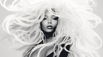 Dramatic female portrait in black and white, close-up. Concept: art girl, face print