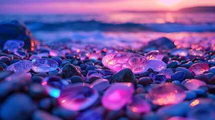 Transparent glowing colorful pebbles, Beach covered with fluorescent pebbles under the night sky
