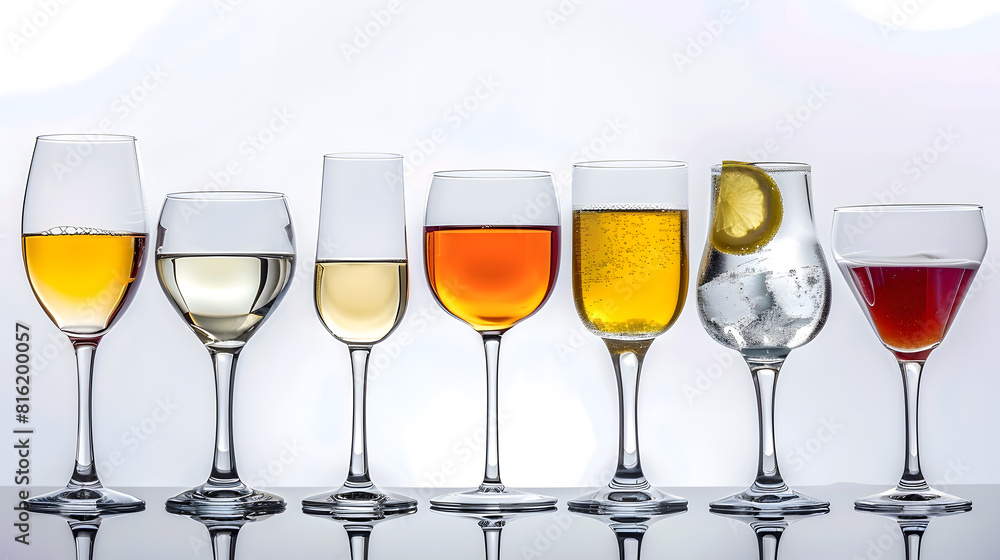 Poster collection of empty glasses for alcohol and soft drinks : generative ai
