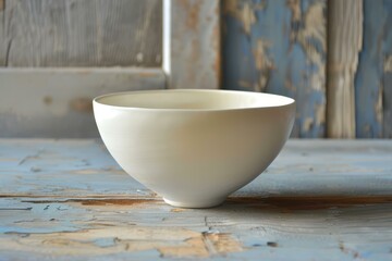 Simple white bowl on weathered blue wooden background, with shallow depth of field