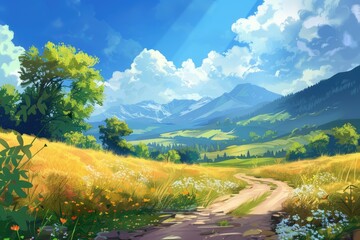 Beautiful Sunny Day Landscape: Scenic Mountain View on a Calm Countryside Summer Day