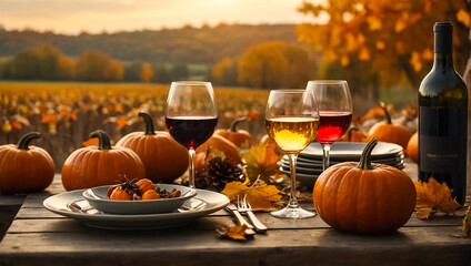 Glasses of wine, autumn leaves on the table in nature, pumpkins