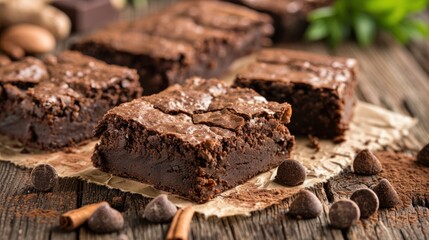 Homemade chocolate brownies over wooden background
