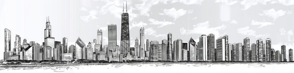 Drawing Of City. Panoramic Chicago Skyline Hand drawn in Detailed Ink Black and White