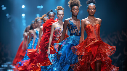 Fototapeta premium photography of diverse race women in runway show showcasing red, orange and blue colorful outfits