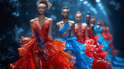 Fototapeta premium photography of diverse race women in runway show showcasing red, orange and blue colorful outfits