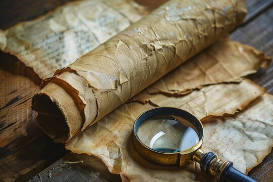 Decoding History: Ancient Scroll with Magnifying Glass on Rustic Wooden Table
