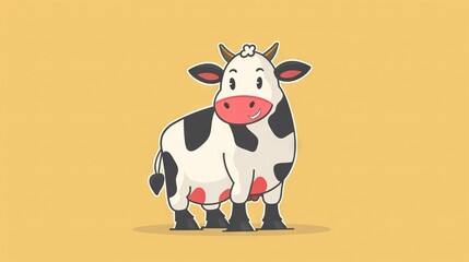   A cow with a red spot on its head, standing against a yellow background