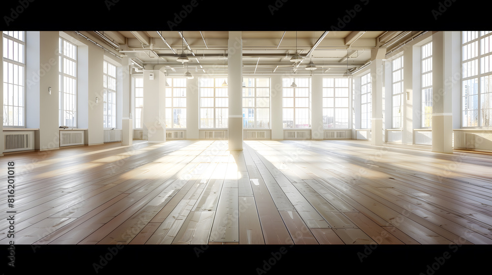 Poster a spacious empty hall with columns and large windows a gym with wooden floors for yoga and fitness c