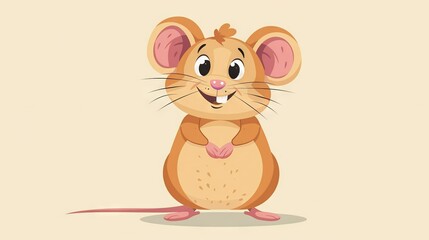   A cartoon mouse smiling on a pink background stands on its hind legs
