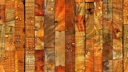   Close-up of wooden wall with water droplets on brown planks