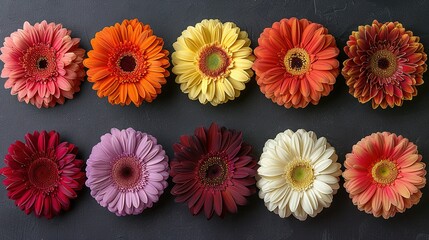   A row of diverse-colored flowers against a black backdrop on a dark surface