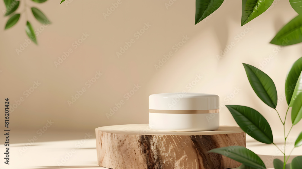 Poster minimal modern product display on neutral beige background wood slice podium and green leaves concep