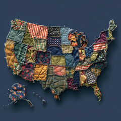 A map of the United States represented as a patchwork quilt, isolated on navy background; each state is a different fabric pattern, stitched together in the style of a rustic american homemade quilt.