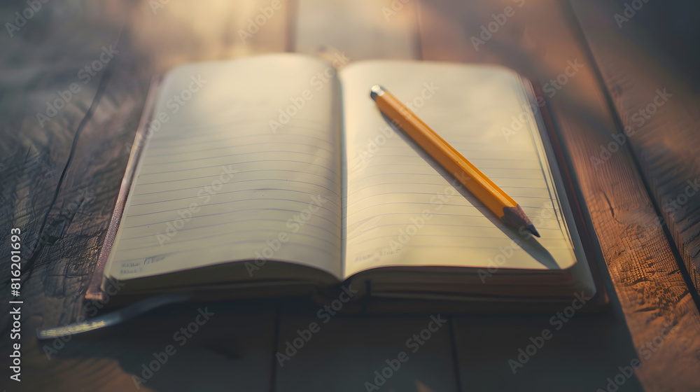 Poster open notebook on a wood table with a pencil : generative ai