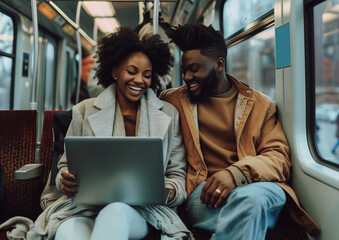 Cheerful young Afro american couple sitting on a train and watching movie at laptop.