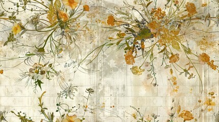   A painting featuring vibrant yellow and green flowers against a pure white backdrop with a grunge-style effect applied to the lower portion