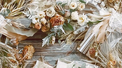   Bouquet on wooden table with books on top