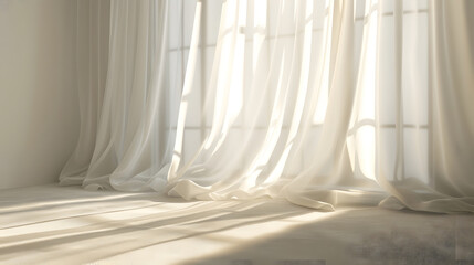 Beautiful sunlight blowing white sheer curtain from open window on blank beige brown wall carpet floor for interior design decoration air flow ventilation home product background 3D : Generative AI