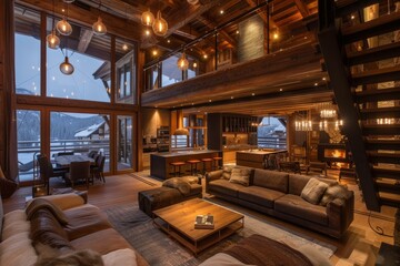 Fototapeta premium Luxurious cabin living room with warm lighting and snowfall view through large windows