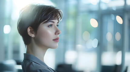 Obraz premium Business woman with short haircut in empty office : Generative AI