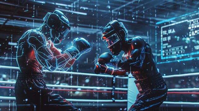 Futuristic Boxing Match with High-Tech Gear and Holographic Displays in a Modern Ring - Powered by Adobe