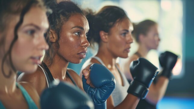 Women's Boxing Class Emphasizing Teamwork and Fitness in a Modern Gym - Powered by Adobe