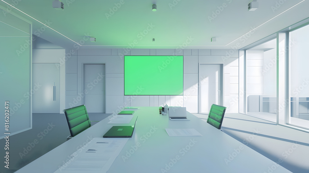 Poster Modern Empty Meeting Room with Big Conference Table with Various Documents and Laptops on it on the Wall Big TV with Green Chroma Key Screen Contemporary Minimalistic Designed Workplac : Generative AI
