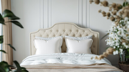 Comfortable bed with white pillows, A cozy bedroom, Home interior