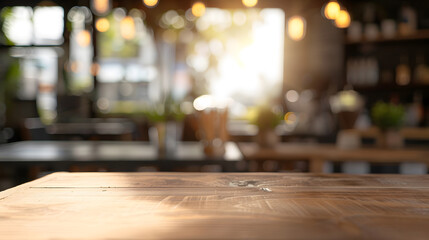 Fototapeta premium Empty coffee table over defocused coffee shop background with copy space : Generative AI