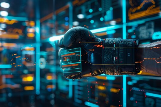 Futuristic Smart Boxing Glove Displaying Real-Time Data in a High-Tech Training Environment - Powered by Adobe