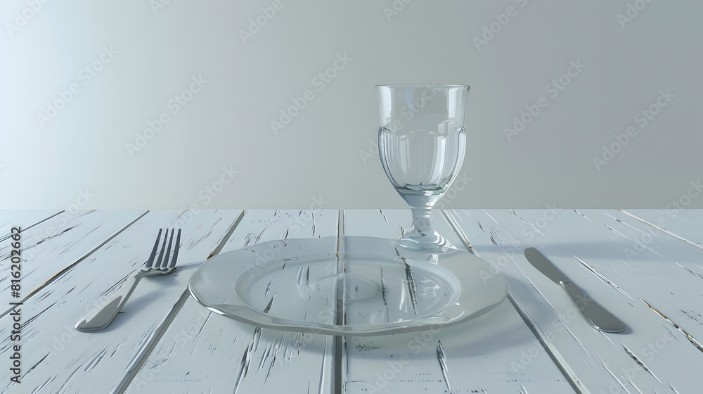 Poster an empty flat plate an empty glass tumbler and cutlery on a white wooden table table setting : gener