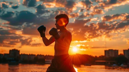 Fototapeta premium Sunset Silhouette of Young Boxer Training - Symbol of Hope and Determination