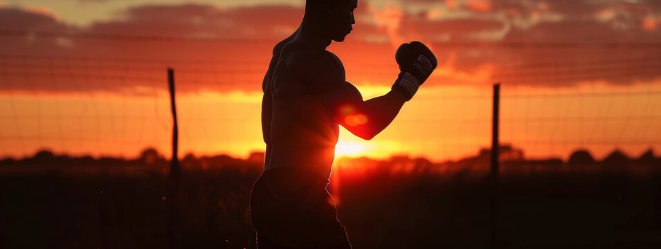 Inspirational Fitness Poster Featuring a Boxer Silhouette at Sunrise with "Commit to be Fit" Slogan