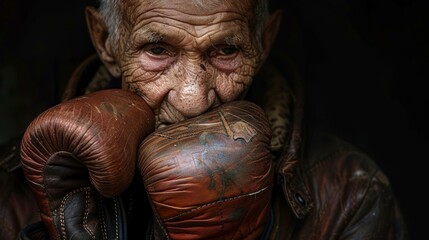Poignant Portrait of Elderly Former Boxer Clutching His Old Gloves Reflecting on His Career