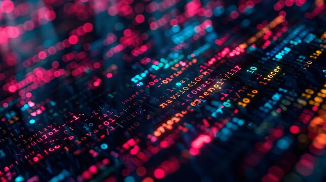 A computer screen with a lot of code on it. The code is in different colors and is very complex. Concept of technology and the complexity of computer programming
