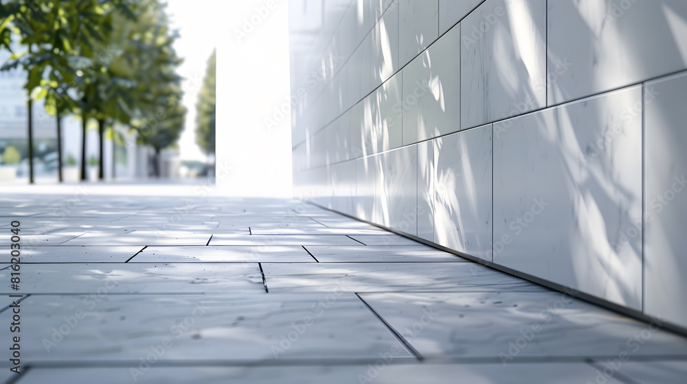 Poster large modern building with high white wall near empty sidewalk covered with grey stone tiles on city