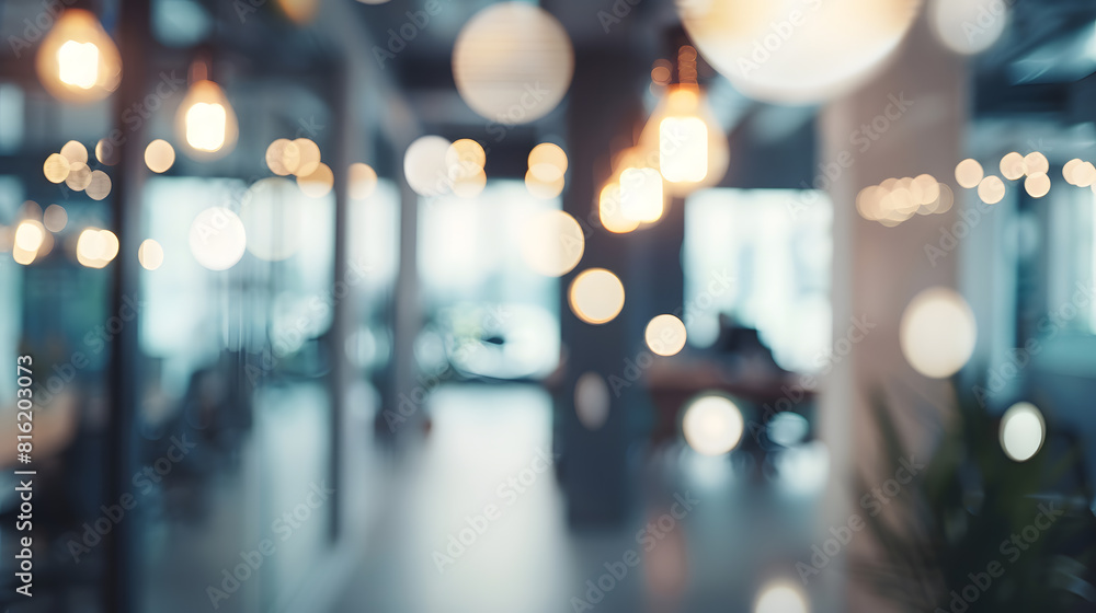 Poster Blurred empty open space office Abstract light bokeh at office interior background for design : Generative AI