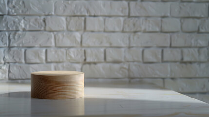 Empty wooden pedestal on kitchen table before white brick wall : Generative AI