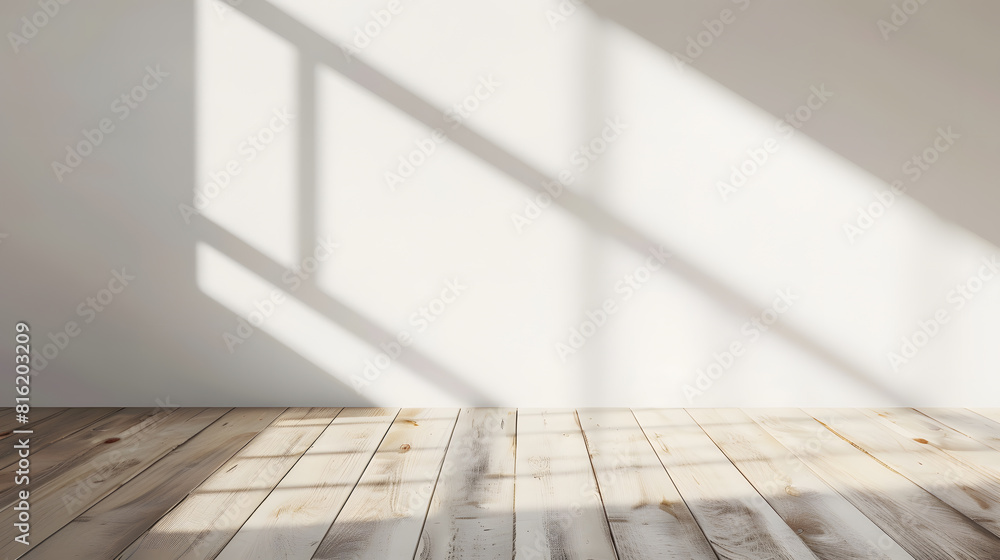 Aufkleber aesthetic geometric sunlight shadows on white textured wall and beige wooden floor empty template fo