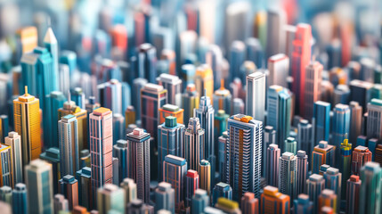 Obraz premium Modeled as a 3D cityscape where each building represents a different store, Futuristic skyline, Colorful cityscape, Mini building model 