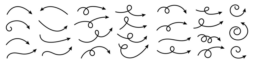 Collection of curved arrows. Set simple curved hand drawn arrows. Collection of pointers.